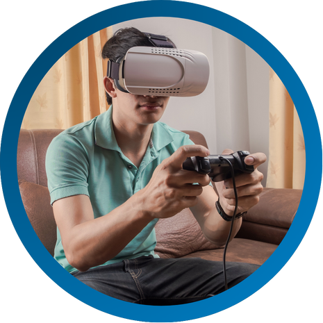 Man wearing virtual goggles playing a video game using Vibrant internet.